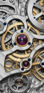 Close-up of intricate clockwork gears in silver and gold.