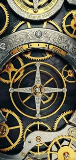 Intricate clockwork design with golden gears and ornate details in a steampunk style.