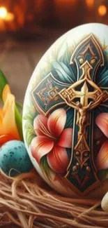 Easter egg with cross and flowers design on mobile wallpaper.