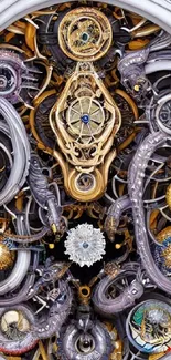 Intricate golden and silver cybernetic gear design wallpaper.