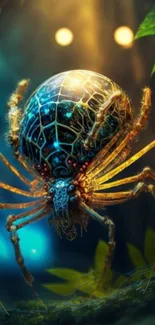 Intricate cybernetic spider with glowing elements in a surreal jungle setting.