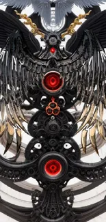 Intricate cyberpunk angel with red accents on a futuristic wallpaper.