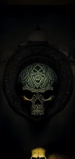 Intricate skull design on dark background with geometric patterns.