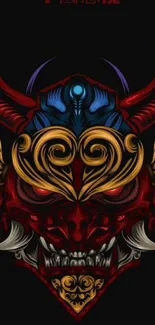 Intricate demon mask in vibrant colors on dark background.