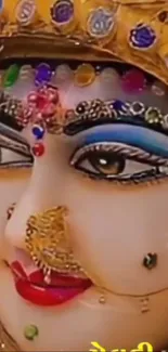 Close-up of a colorful divine sculpture with intricate details.