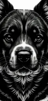 Intricate black and white dog face wallpaper for mobile.