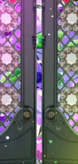 Intricate door design with purple and green colors.