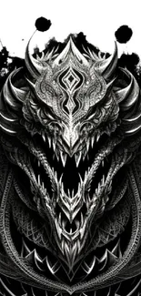 Intricate black and white dragon artwork with gothic design elements.