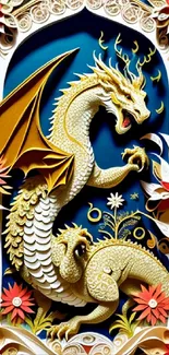 Intricate golden dragon with floral designs in an ornate frame.