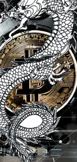 Intricate dragon overlay on Bitcoin art design.