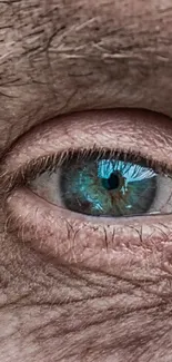 Close-up of a human eye with textured skin and vibrant blue iris.