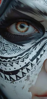 Close-up of face with intricate tribal patterns and striking eye design.