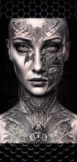 Intricate tattoo art on a woman's face in a digital illustration.