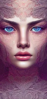 Fantasy face with intricate lace and blue eyes in vibrant wallpaper.