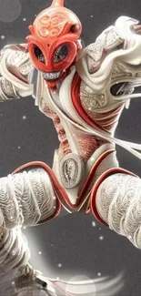 Intricate warrior with red armor in dynamic pose for mobile wallpaper.