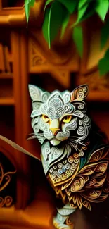 Intricate feline art with vibrant patterns in a brown background.