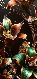 Intricate floral design with vibrant colors on a dark background.