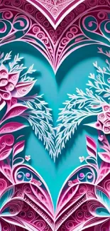 Intricate heart design with floral patterns and vibrant colors in pink and teal.