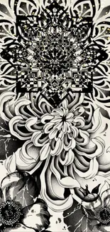 Intricate black and white floral mandala wallpaper with geometric patterns.