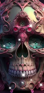 Intricate floral skull with pink roses and ornate details as mobile wallpaper.