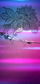 Floral design on vibrant pink and purple water background.