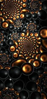 Black and gold fractal pattern wallpaper with spheres.