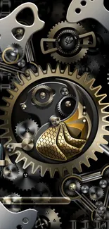 Intricate gear design on a black background, featuring metal and artistic elements.