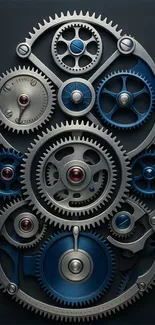 Intricate metallic gears with blue accents.