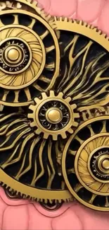Intricate gear design with golden details on a pink background.