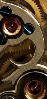 Close-up of intricate watch gears with golden metallic tones.