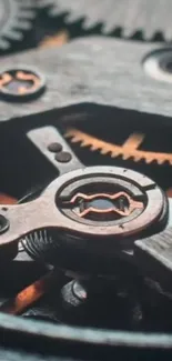 Close-up of an intricate gear mechanism in dark gray and copper hues.