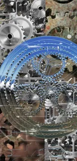 Intricate design of metallic gears in an industrial background.