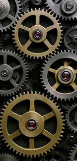 Intricate arrangement of metallic gears in a mechanical design wallpaper.