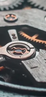 Close-up of a mechanical gear mechanism with intricate metal details.