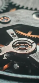 Intricate close-up of interlocking mechanical gears.