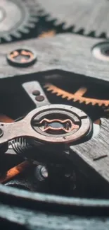 Close-up of intricate interlocking metal gears with a steampunk aesthetic.