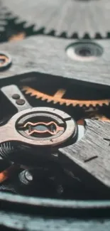 Close-up of intricate gears in a steampunk style mechanism.