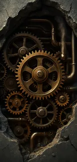 Intricate gears and cogs within a cracked wall frame.