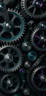 Intricate mechanical gears pattern wallpaper in dark tones.