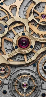 Close-up of intricate clockwork gears in a mechanical design.