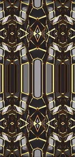 Intricate symmetrical geometric pattern wallpaper with black, gold, and gray tones.