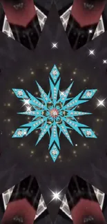 Geometric kaleidoscope with blue starburst design on black background.