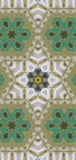 Intricate geometric pattern in green and beige wallpaper.