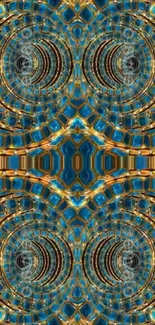 Intricate geometric pattern with turquoise and gold hues, perfect for mobile wallpaper.