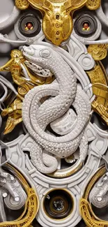 Intricate golden and silver snake design with metallic textures.