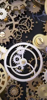 Intricate gold gears and cogs forming a mechanical wallpaper design.