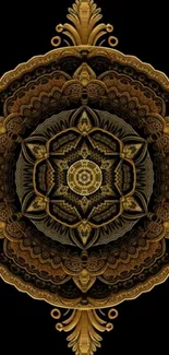 Intricate gold mandala on black background wallpaper.