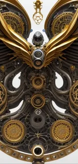 Intricate gold mechanical design with gears and wings on a dark background.