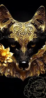 Intricate gold wolf with floral accents on black background.