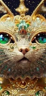 Intricate golden cat with green jeweled eyes, mobile wallpaper.